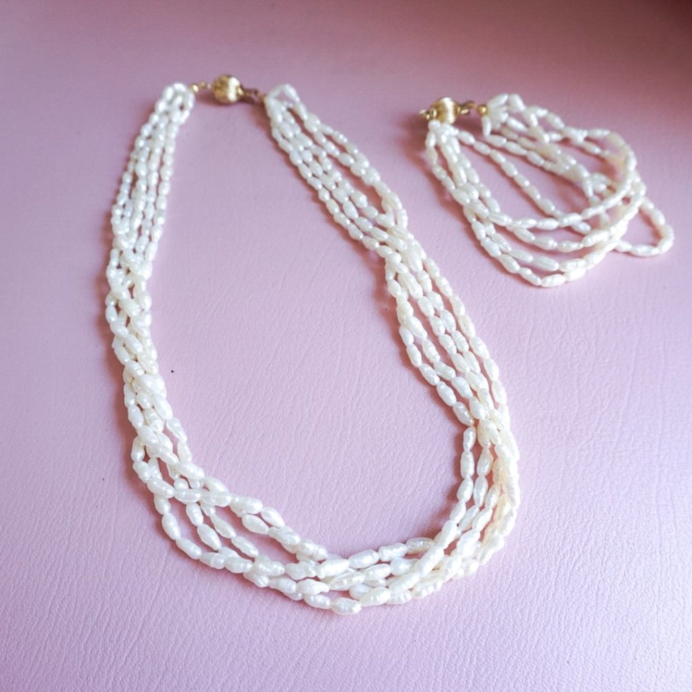 Multi-strand Pearl Necklace and Bracelet Set